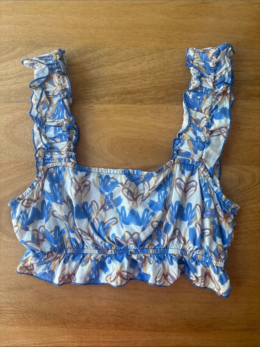Valia Blue & Brown Printed Ruffle Crop Top